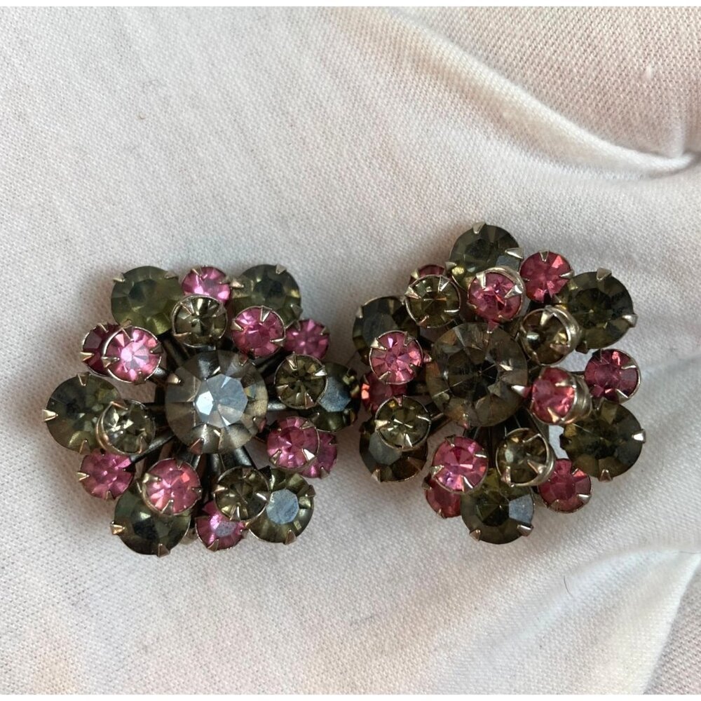 Vintage Rhinestone Cluster Earrings Clip On Pink Gray Prong Set Coquette Girl